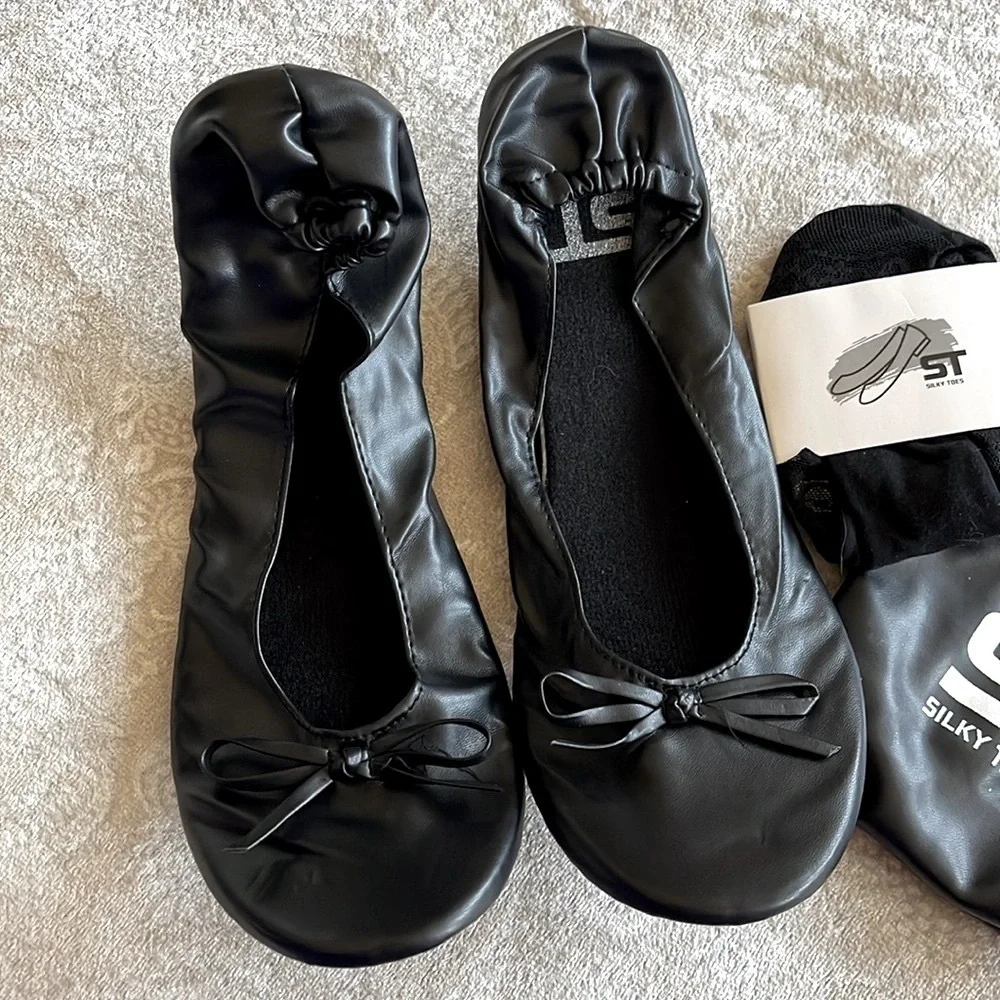 Brand New Foldable Black Bow Flats Travel Ballet Shoes Ballerina Slippers Purse